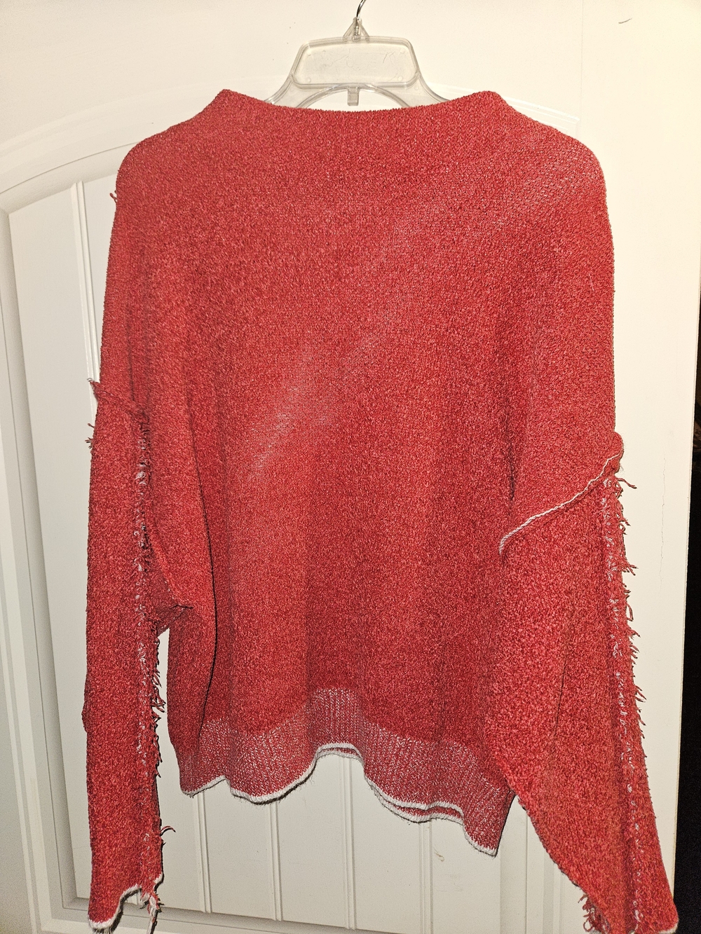Textured Red Crewneck Sweater with Fringe Trim